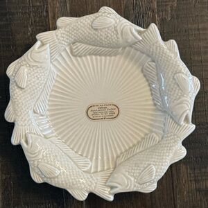 vintage Fitz and Floyd off-white green ceramic fish platter plate,